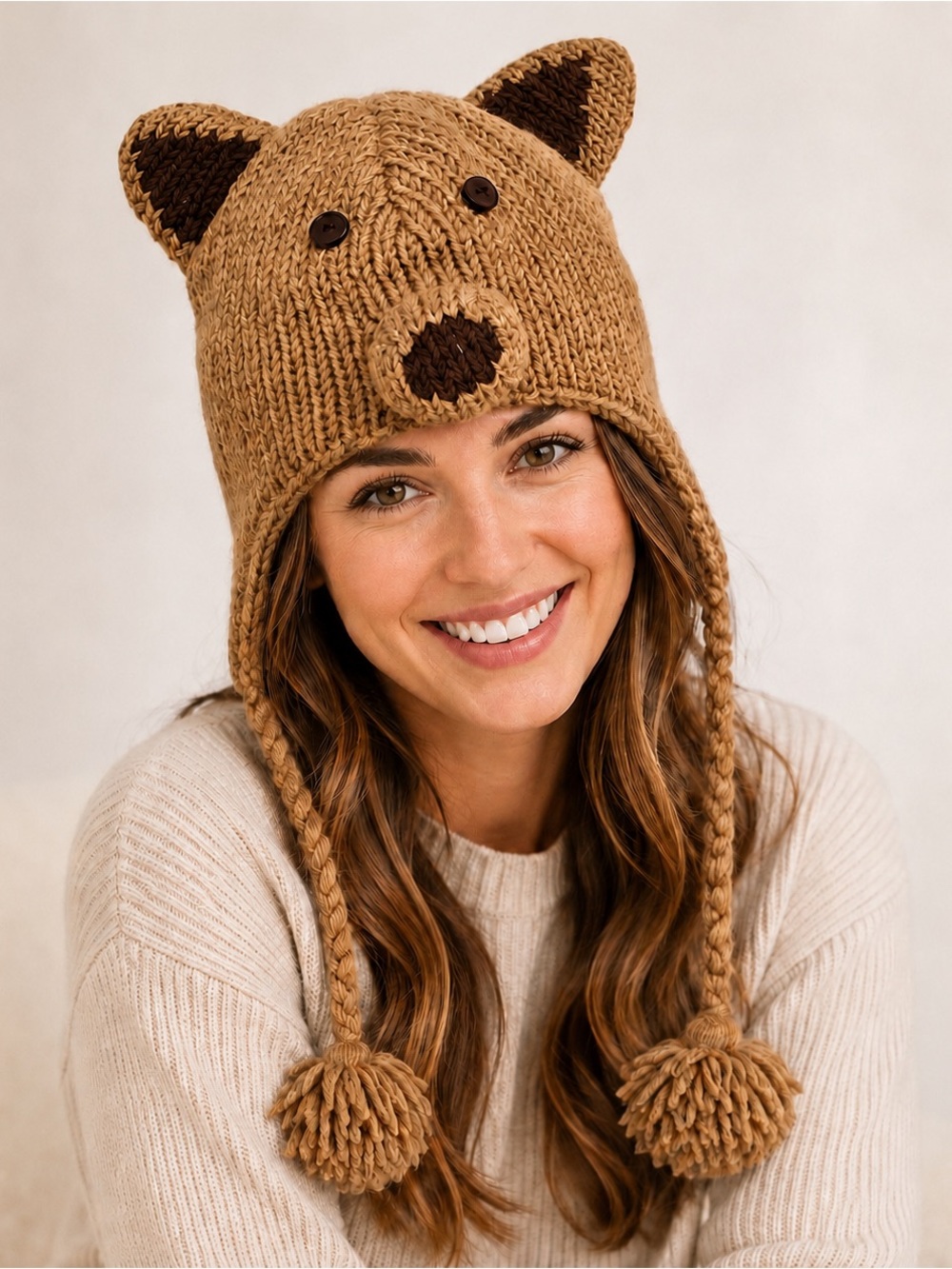 Northern Lifestyles Bear Hat Adult ML Wool Hand Knit Nepal Pom Pom Animal Beanie